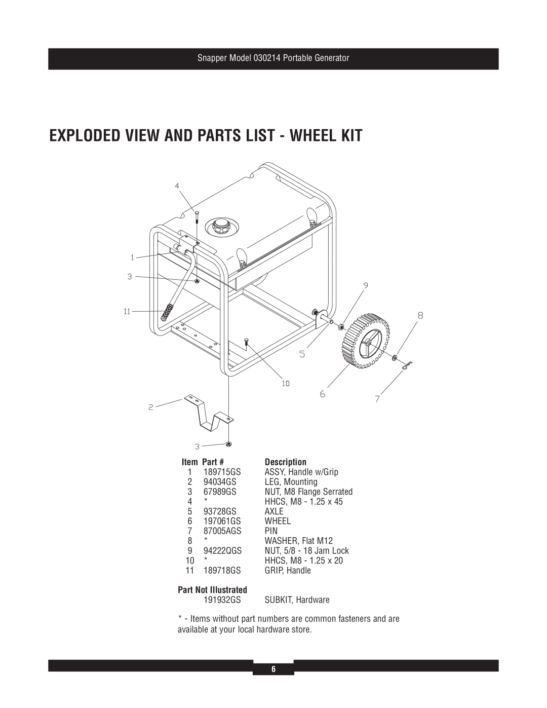 Snapper manual Exploded View And Parts List - Wheel Kit, Part Not Illustrated, Snapper Model 030214 Portable Generator 