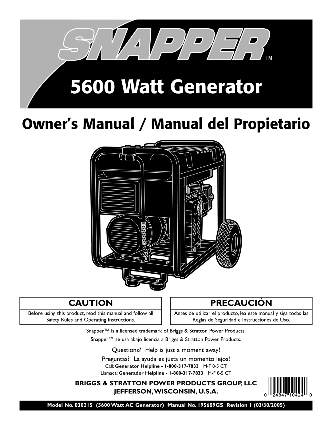 Snapper 30215 owner manual Watt Generator 