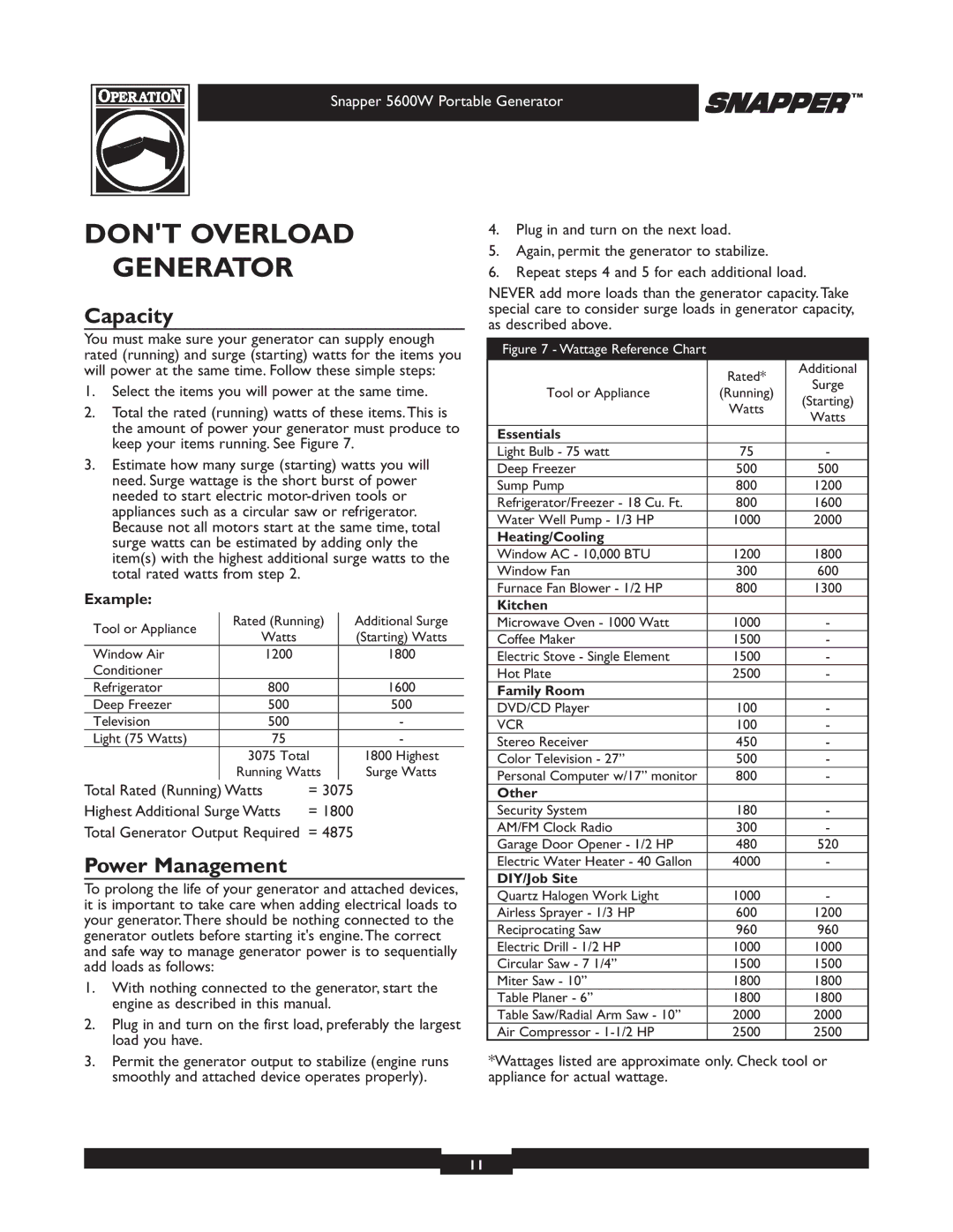 Snapper 30215 owner manual Dont Overload Generator, Capacity, Power Management, Example 