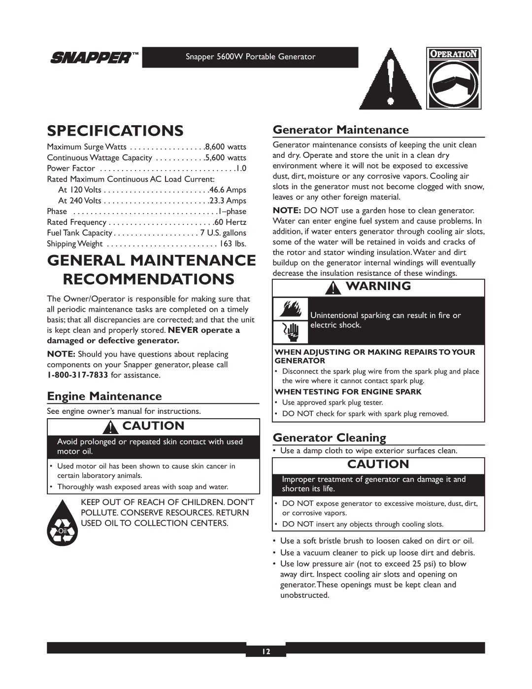 Snapper 30215 owner manual Specifications, General Maintenance Recommendations, Engine Maintenance, Generator Maintenance 