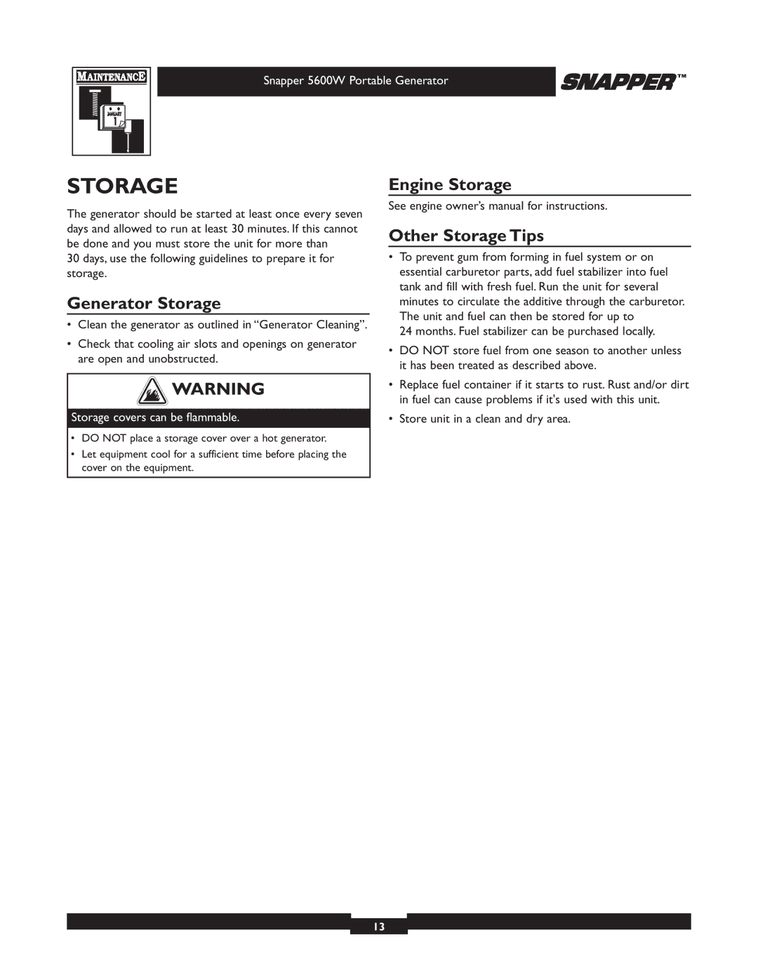 Snapper 30215 owner manual Generator Storage, Engine Storage Other Storage Tips 