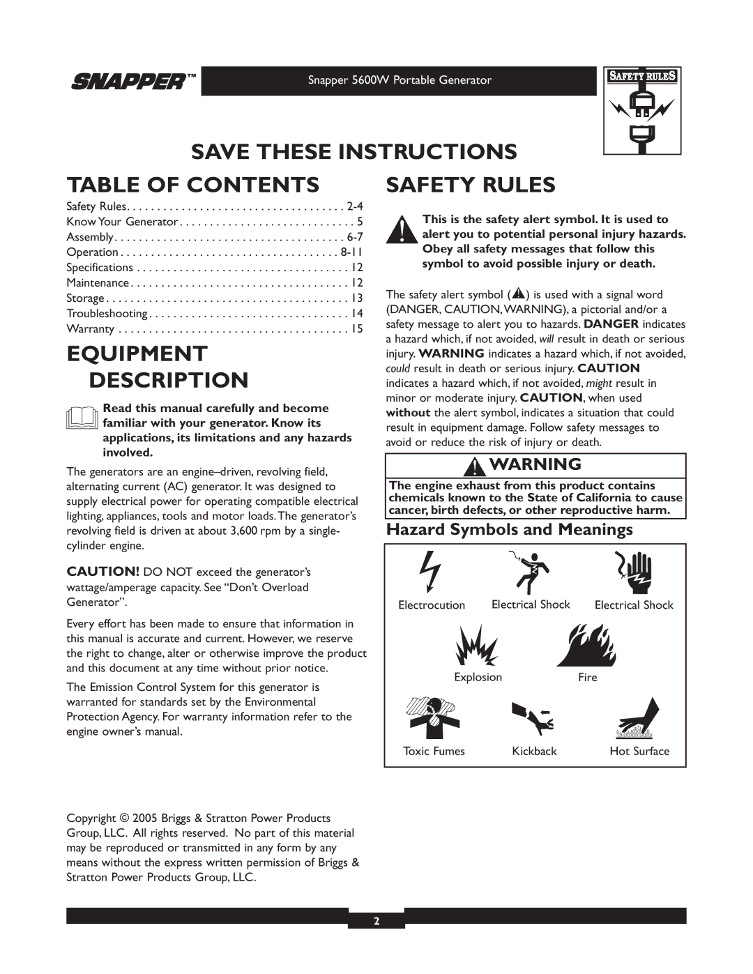 Snapper 30215 owner manual Table of Contents, Equipment Description, Safety Rules 