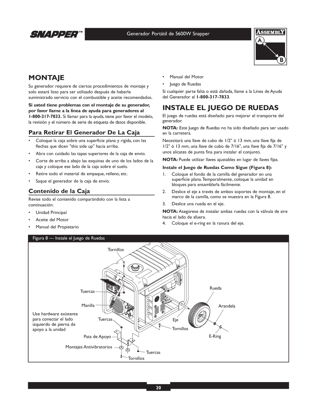 Snapper 30215 owner manual Montaje, Instale EL Juego DE Ruedas, Para Retirar El Generador De La Caja, Contenido de la Caja 