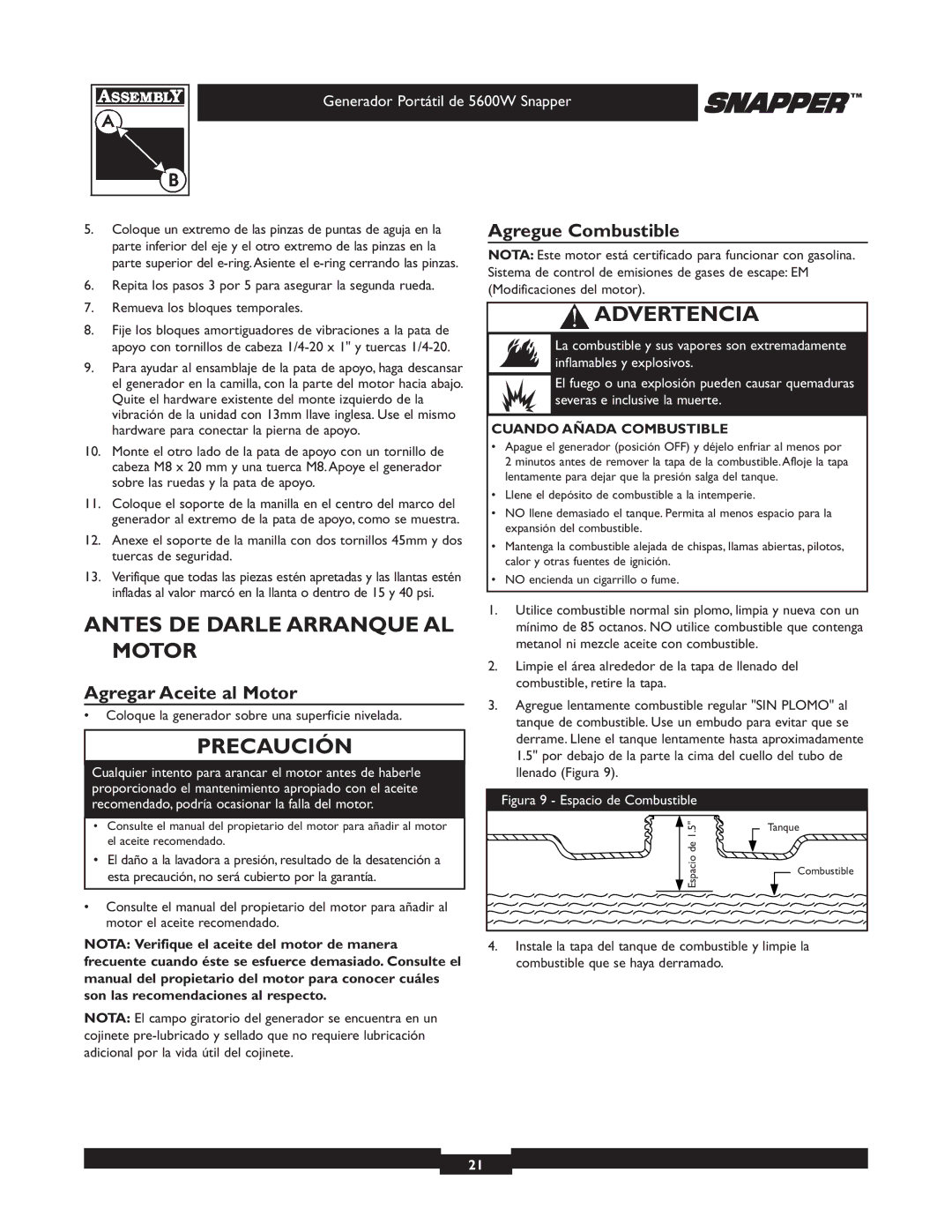 Snapper 30215 Antes DE Darle Arranque AL Motor, Agregar Aceite al Motor, Agregue Combustible, Cuando Añada Combustible 