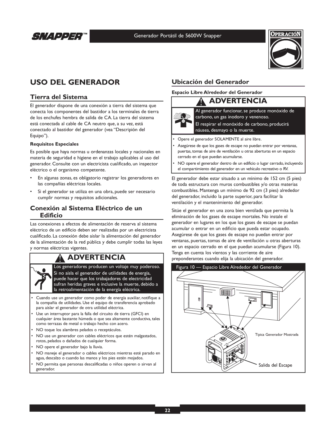 Snapper 30215 USO DEL Generador, Tierra del Sistema, Ubicación del Generador, Conexión al Sistema Eléctrico de un Edificio 