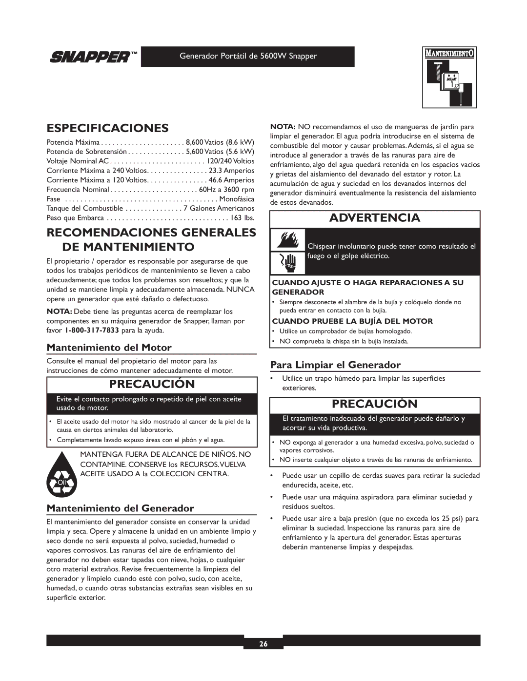 Snapper 30215 owner manual Especificaciones, Recomendaciones Generales DE Mantenimiento, Mantenimiento del Motor 