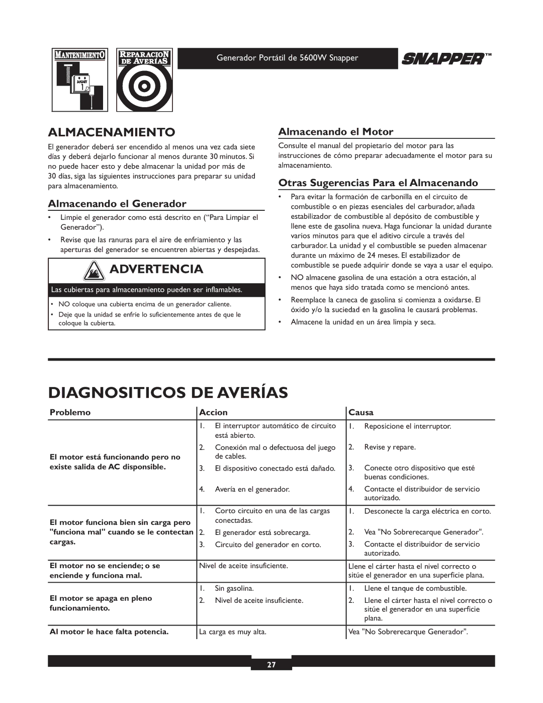 Snapper 30215 owner manual Diagnositicos DE Averías, Almacenamiento, Almacenando el Generador, Almacenando el Motor 