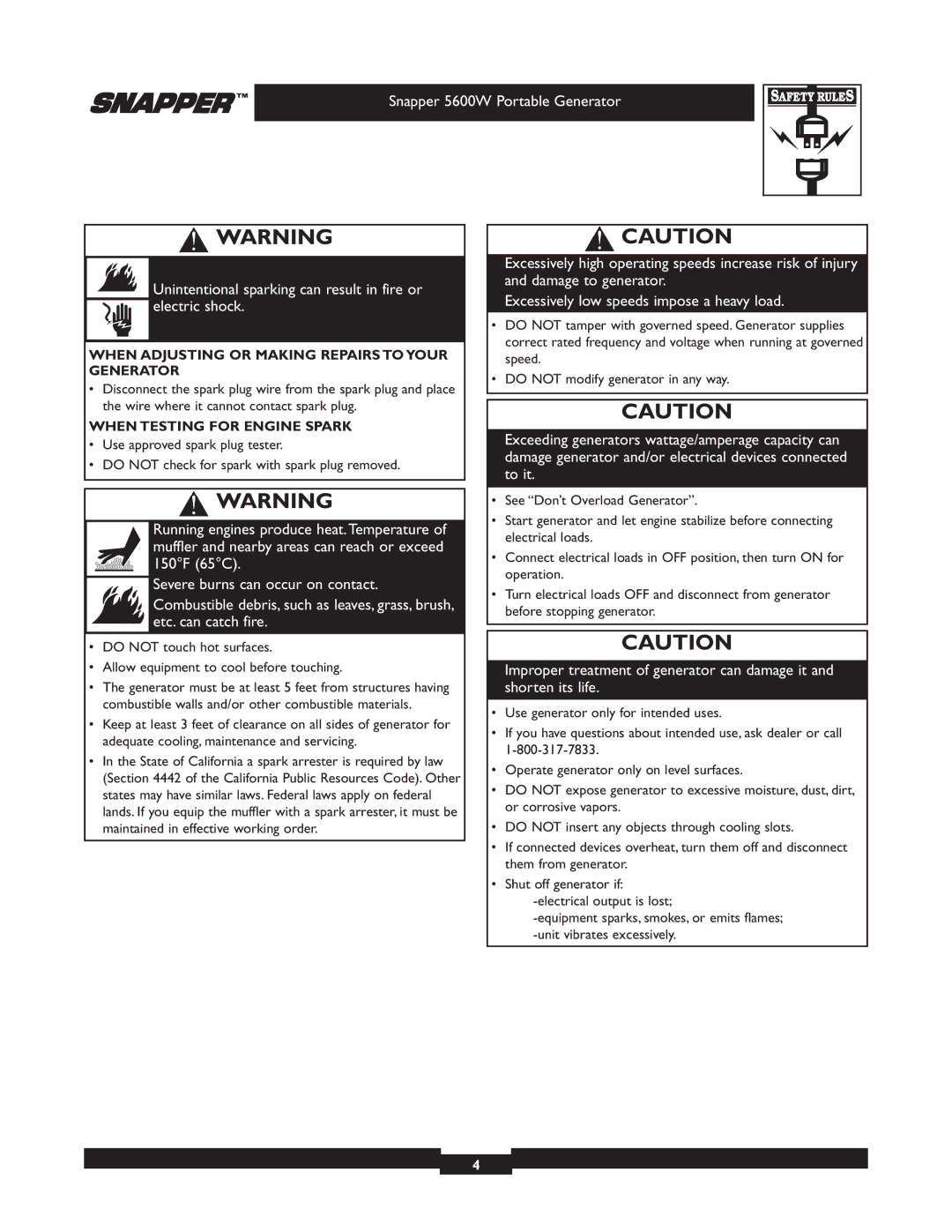 Snapper 30215 owner manual When Adjusting or Making Repairs to Your Generator, When Testing for Engine Spark 