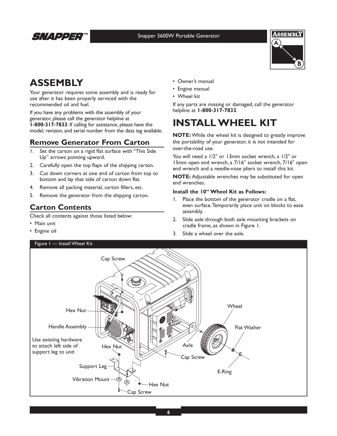 Snapper 30215 owner manual Assembly, Install Wheel KIT, Remove Generator From Carton, Carton Contents 