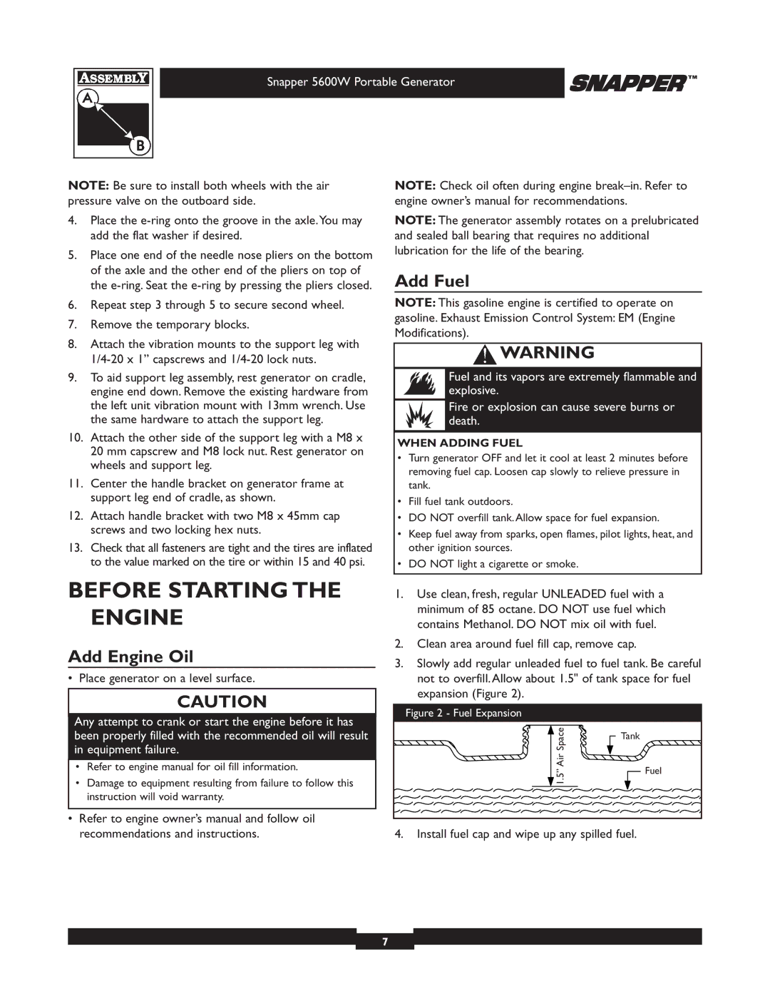 Snapper 30215 owner manual Before Starting the Engine, Add Engine Oil, Add Fuel, When Adding Fuel 