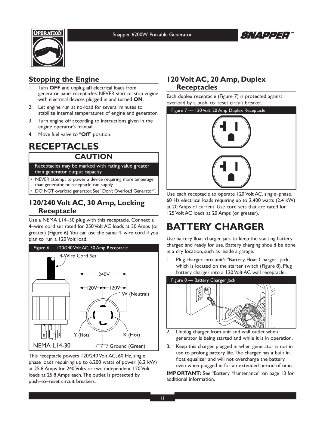 Snapper 30216 manual Receptacles, Battery Charger, Stopping the Engine, 120/240 Volt AC, 30 Amp, Locking Receptacle 