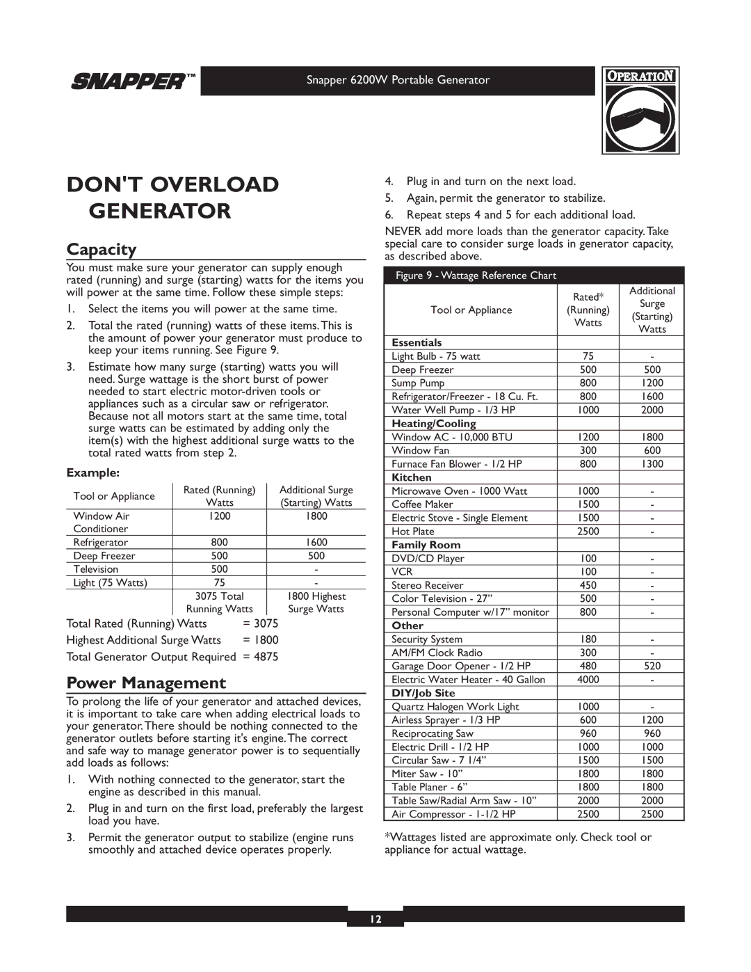 Snapper 30216 manual Dont Overload Generator, Capacity, Power Management, Example 