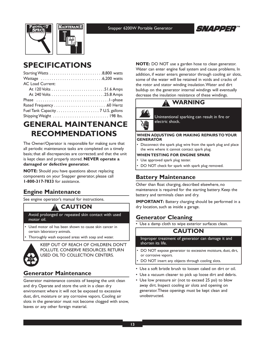 Snapper 30216 manual Specifications, General Maintenance Recommendations 