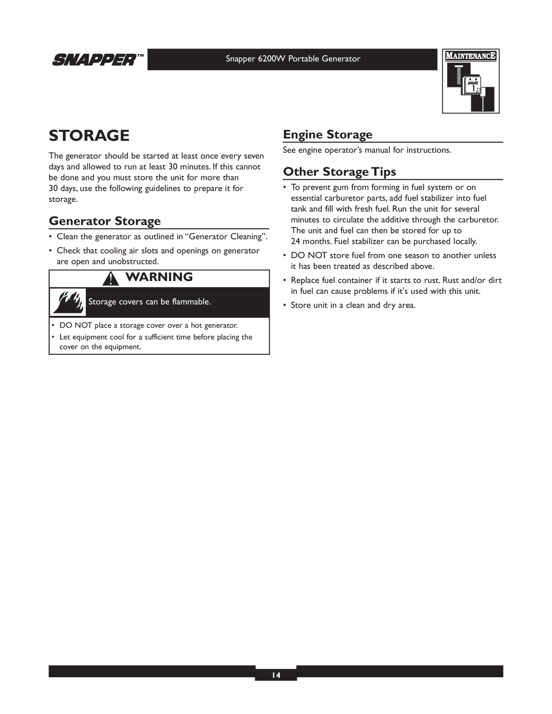 Snapper 30216 manual Generator Storage, Engine Storage, Other Storage Tips 