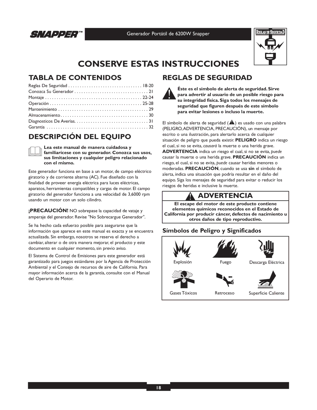 Snapper 30216 manual Tabla DE Contenidos, Descripción DEL Equipo, Reglas DE Seguridad, Advertencia 