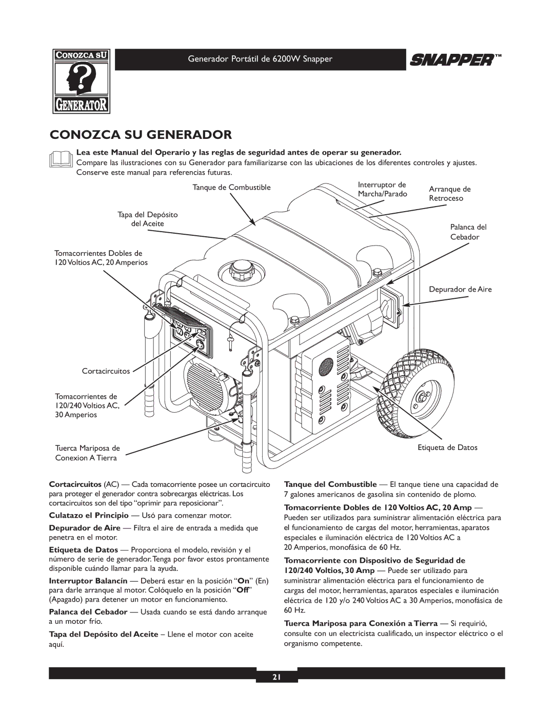 Snapper 30216 manual Conozca SU Generador, Tapa del Depósito del Aceite Llene el motor con aceite 