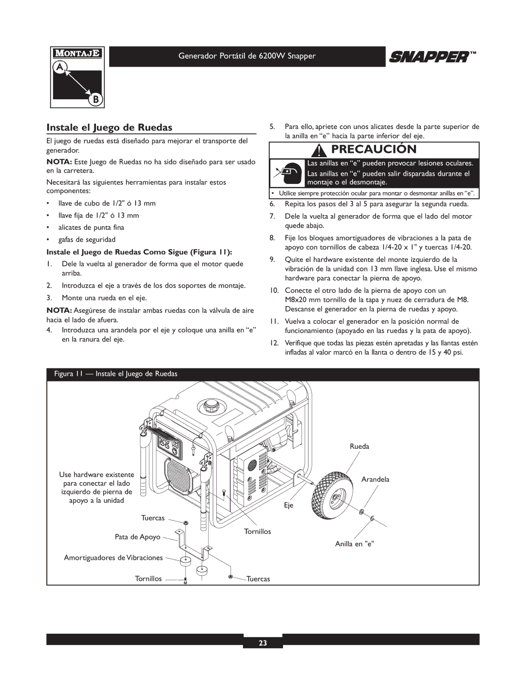 Snapper 30216 manual Instale el Juego de Ruedas Como Sigue Figura 