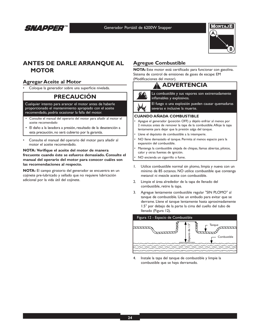 Snapper 30216 Antes DE Darle Arranque AL Motor, Agregar Aceite al Motor, Agregue Combustible, Cuando Añada Combustible 