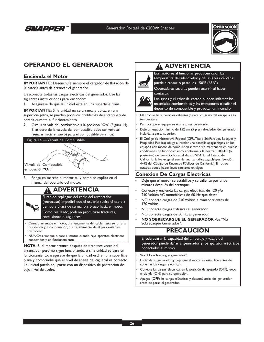 Snapper 30216 manual Operando EL Generador, Encienda el Motor, Conexion De Cargas Electricas 