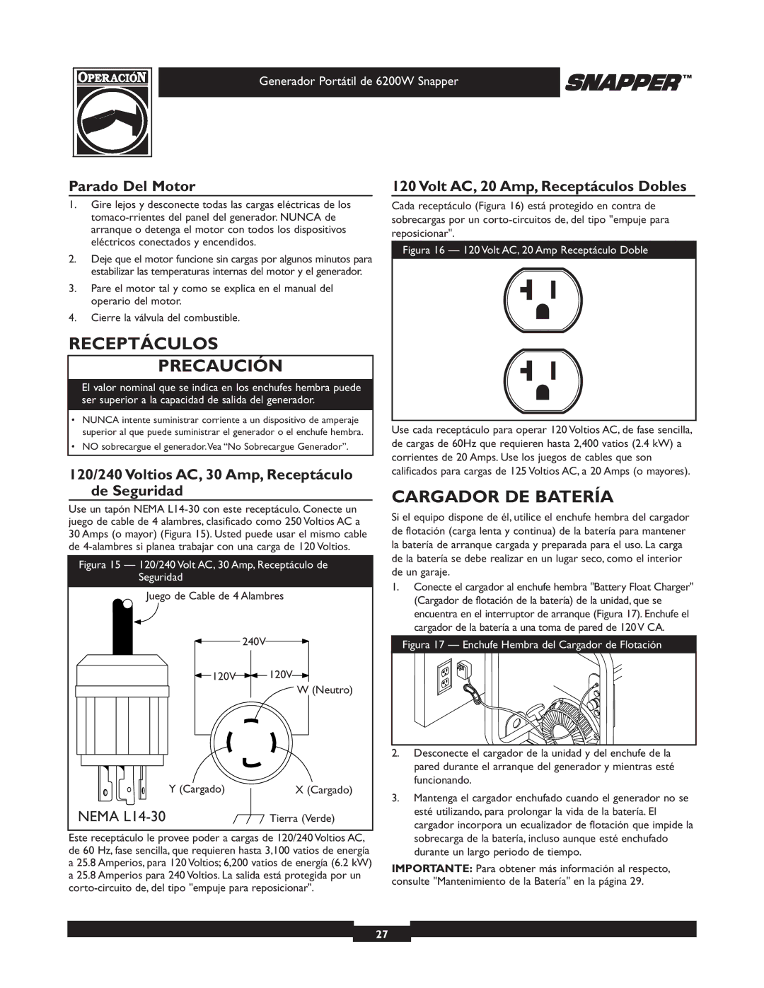 Snapper 30216 manual Receptáculos Precaución, Cargador DE Batería, Parado Del Motor, Volt AC, 20 Amp, Receptáculos Dobles 