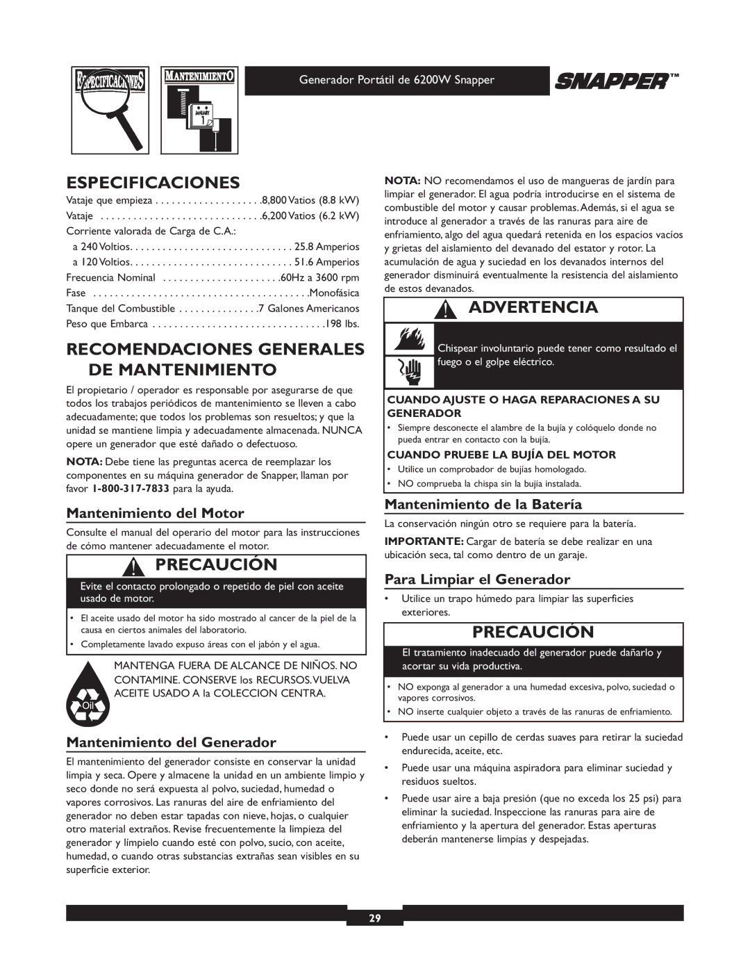 Snapper 30216 manual Especificaciones, Recomendaciones Generales DE Mantenimiento 