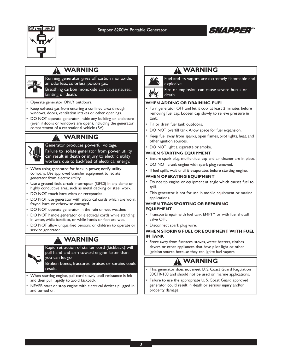 Snapper 30216 manual When Adding or Draining Fuel, When Starting Equipment, When Operating Equipment 