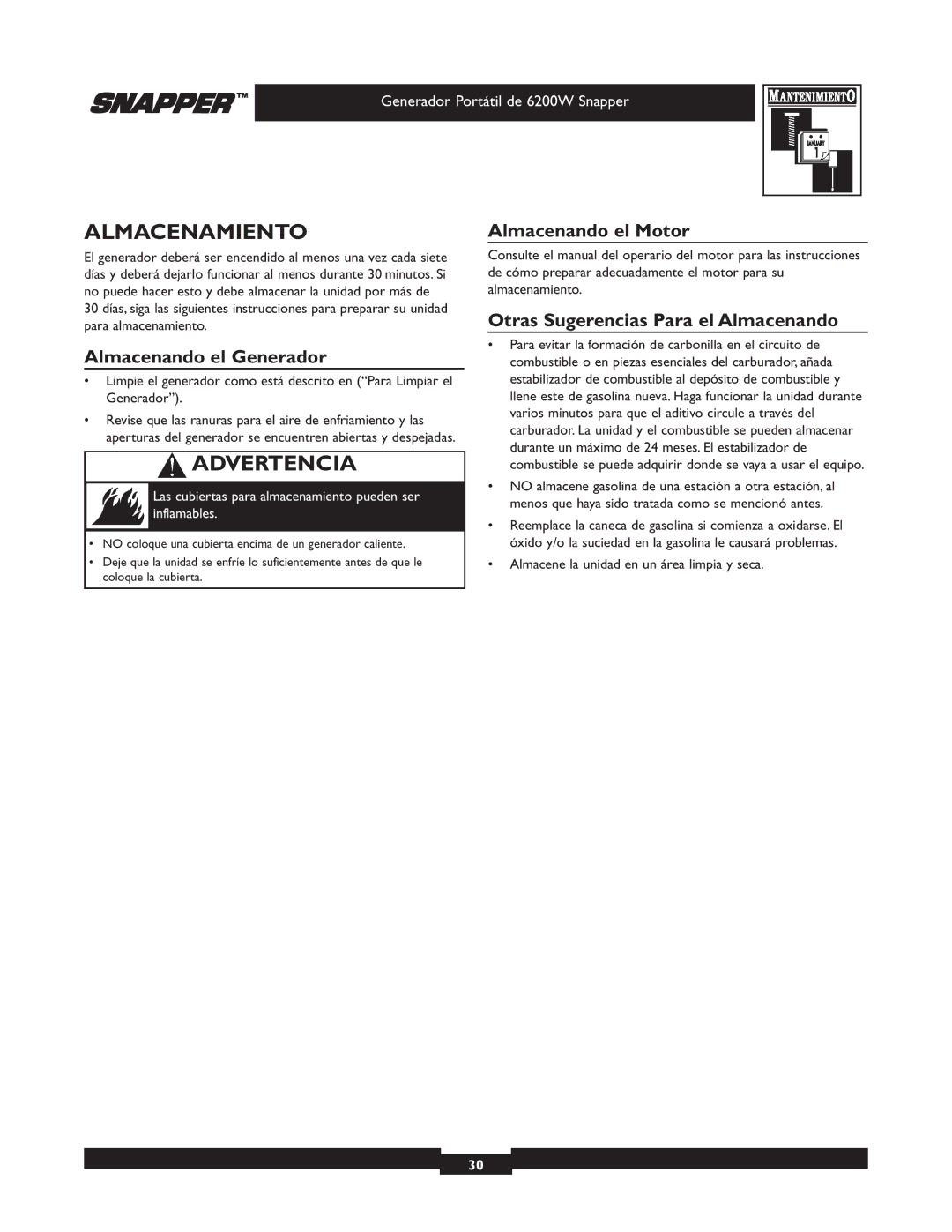 Snapper 30216 manual Almacenamiento, Almacenando el Generador, Almacenando el Motor, Otras Sugerencias Para el Almacenando 