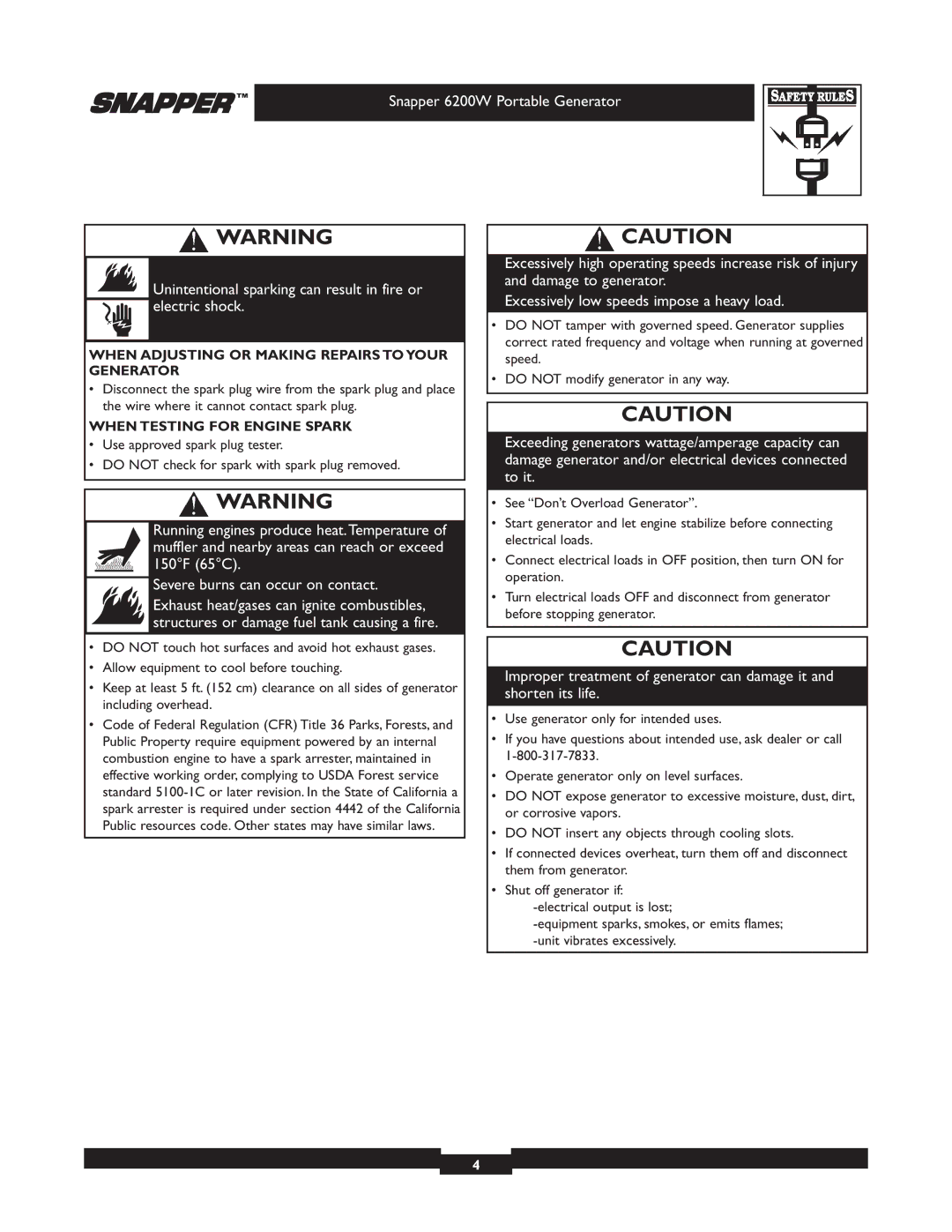 Snapper 30216 manual When Adjusting or Making Repairs to Your Generator, When Testing for Engine Spark 