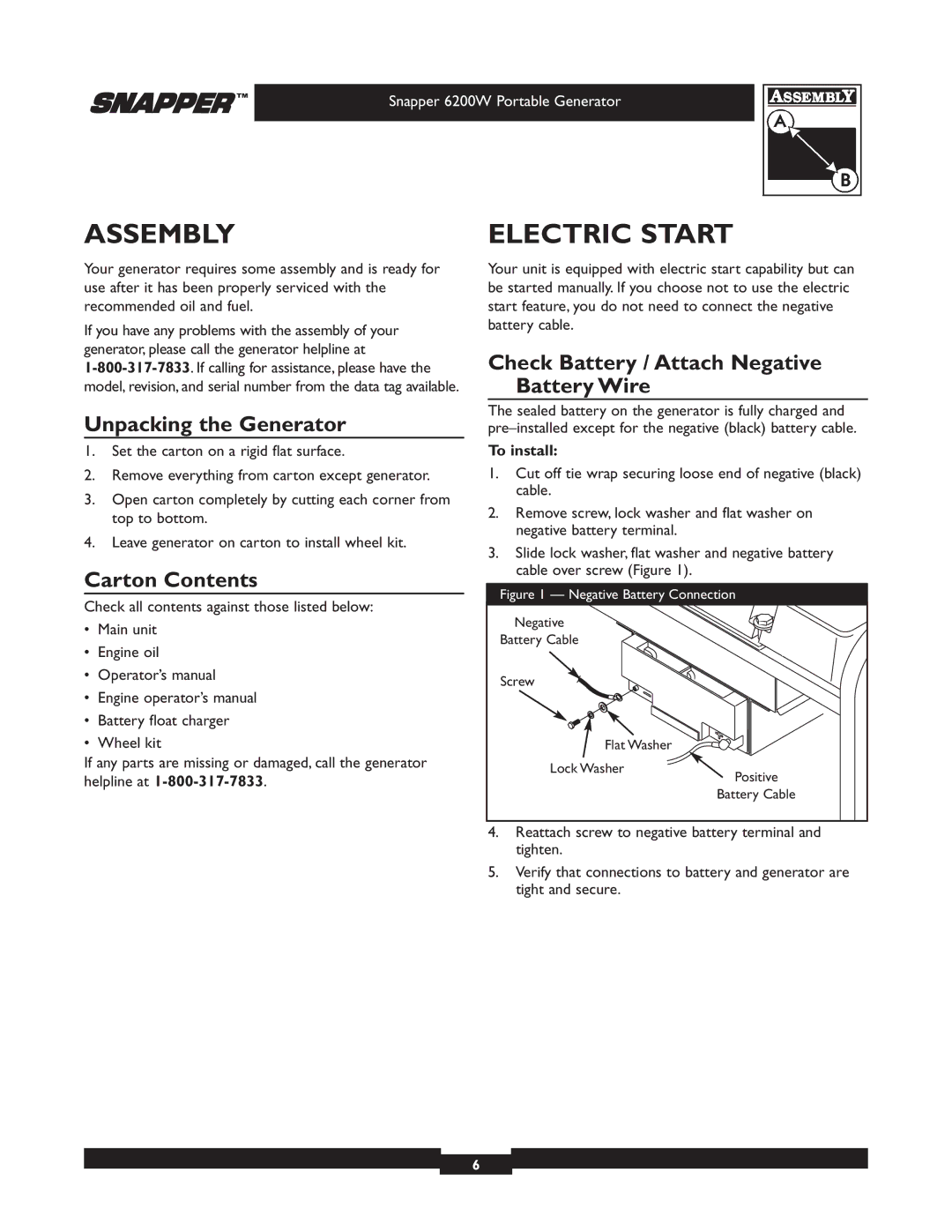 Snapper 30216 manual Assembly, Electric Start, Unpacking the Generator, Carton Contents 