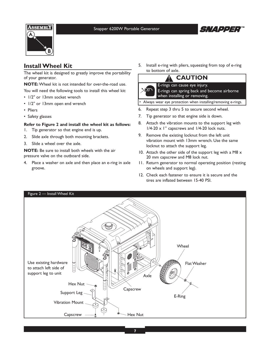 Snapper 30216 manual Install Wheel Kit, Refer to and install the wheel kit as follows 