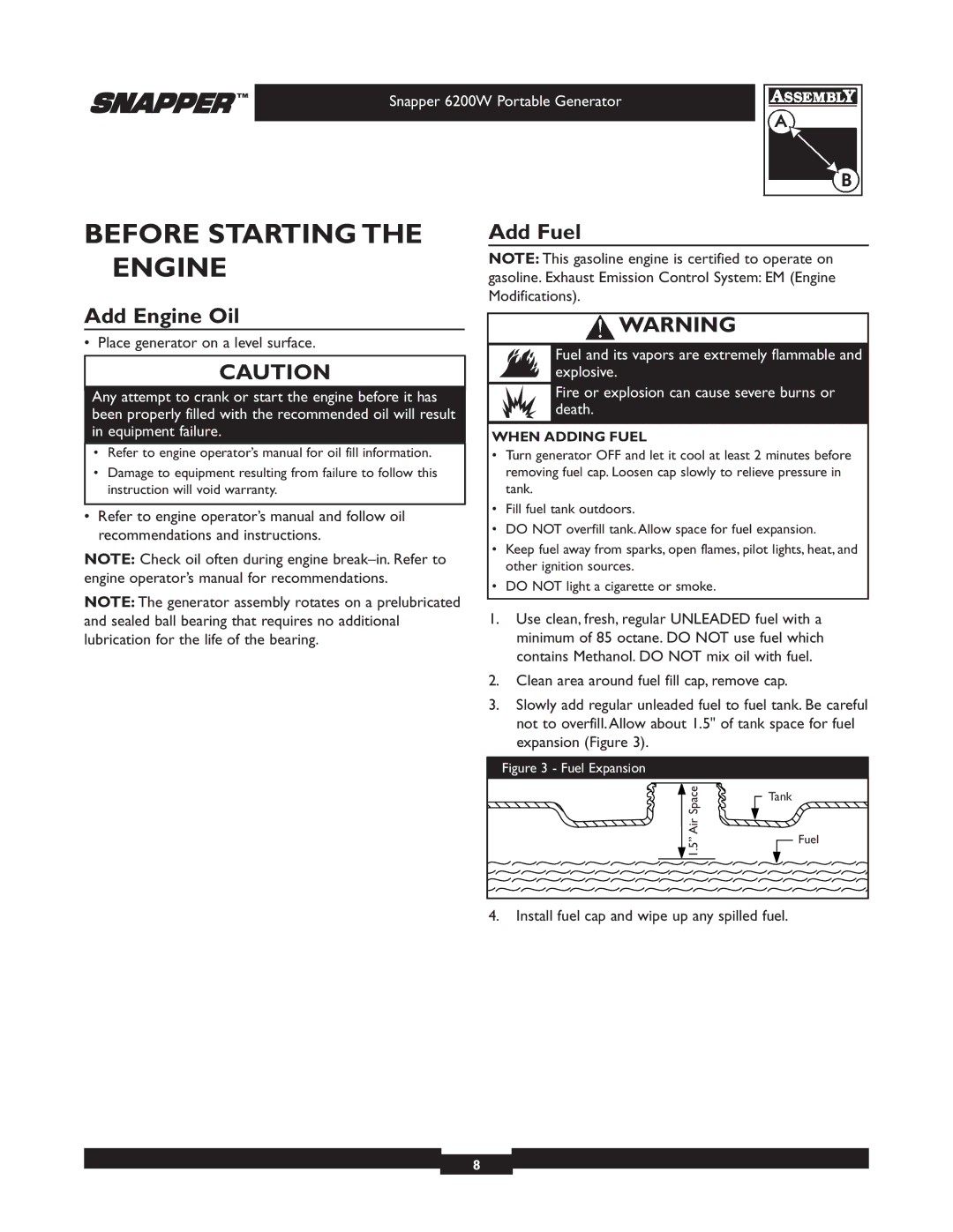 Snapper 30216 manual Before Starting the Engine, Add Fuel, Add Engine Oil, When Adding Fuel 