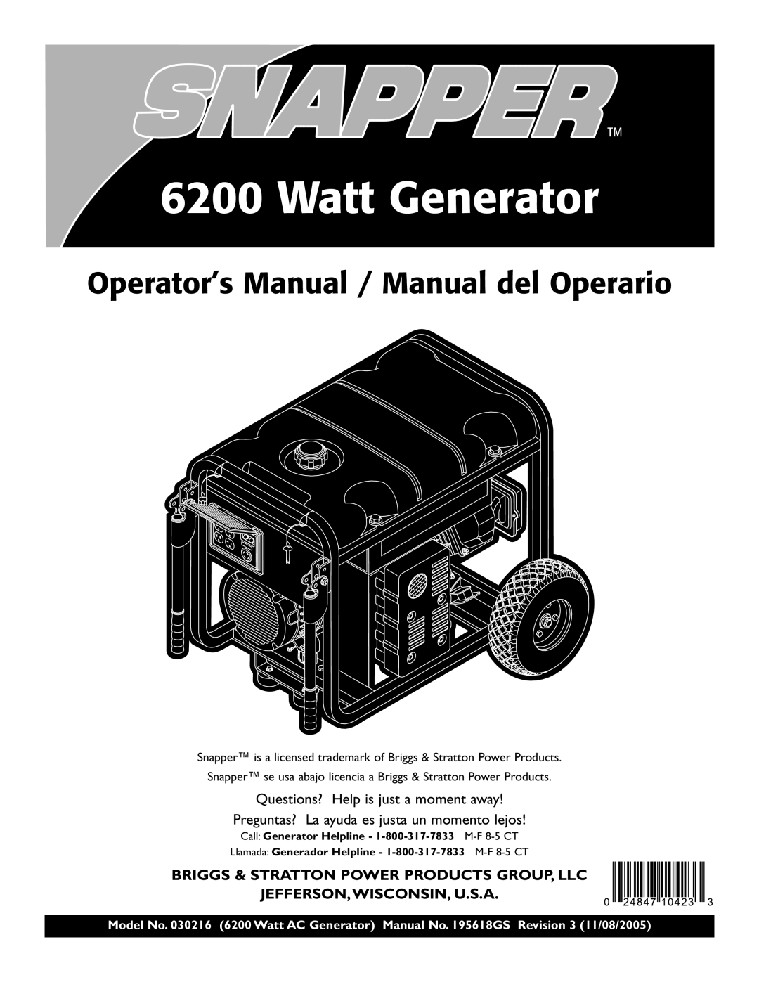 Snapper 30216 manual Questions? Help is just a moment away, Preguntas? La ayuda es justa un momento lejos, Watt Generator 