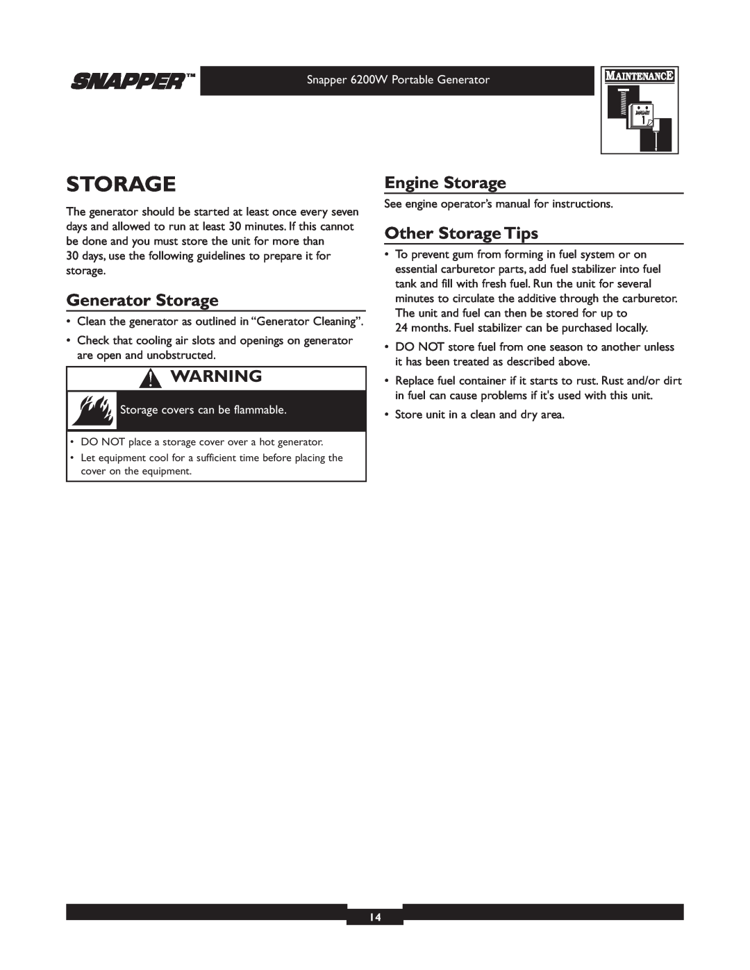 Snapper 30216 manual Generator Storage, Engine Storage, Other Storage Tips, Storage covers can be flammable 