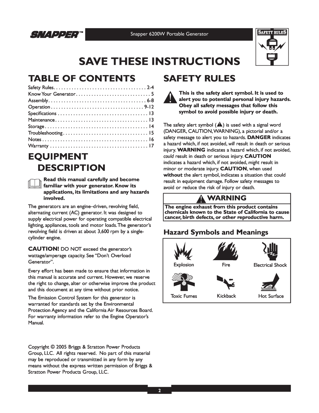 Snapper 30216 Table Of Contents, Equipment Description, Safety Rules, Hazard Symbols and Meanings, Save These Instructions 