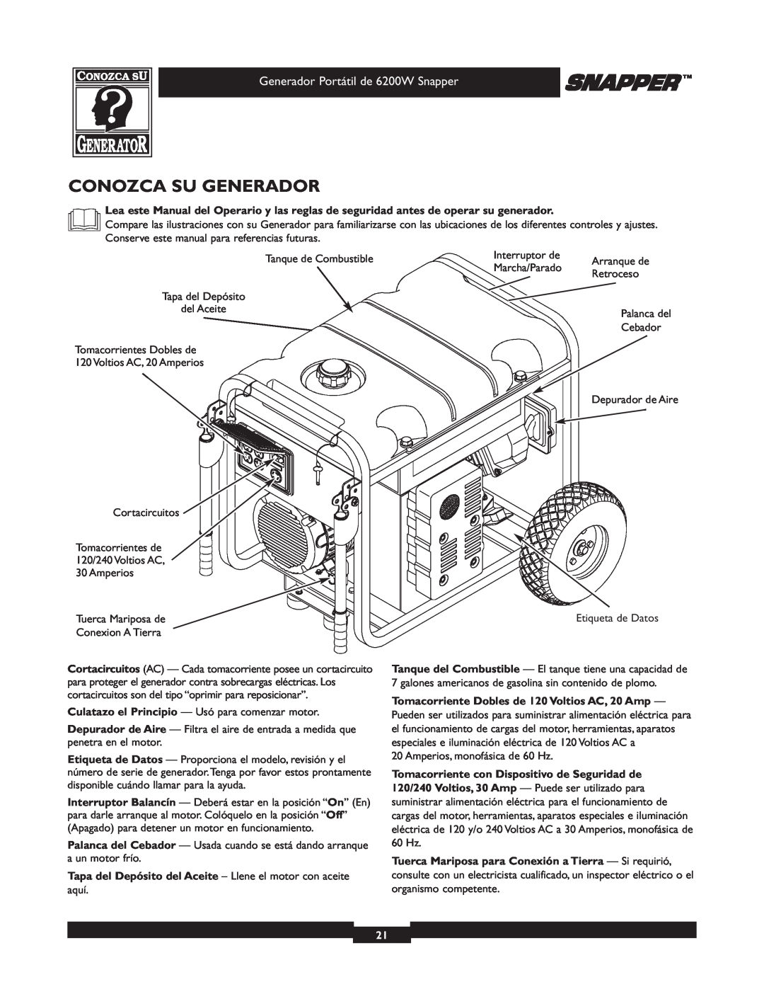 Snapper 30216 Conozca Su Generador, Generador Portátil de 6200W Snapper, Tomacorriente Dobles de 120 Voltios AC, 20 Amp 