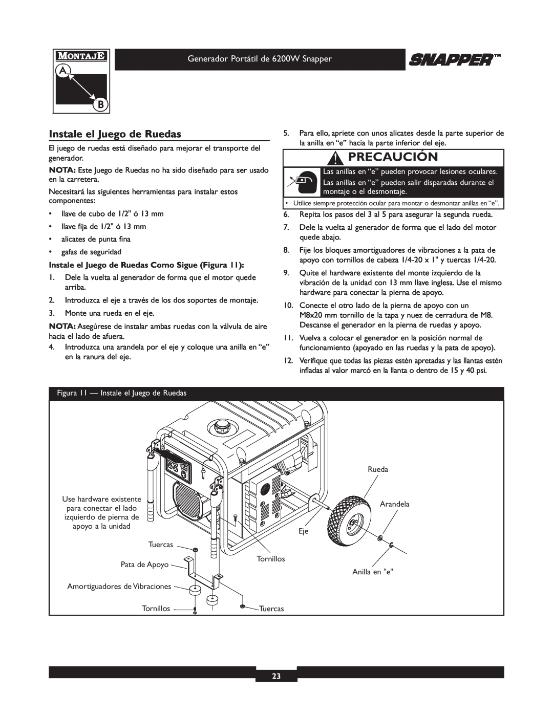 Snapper 30216 manual Instale el Juego de Ruedas, Precaución, Generador Portátil de 6200W Snapper 