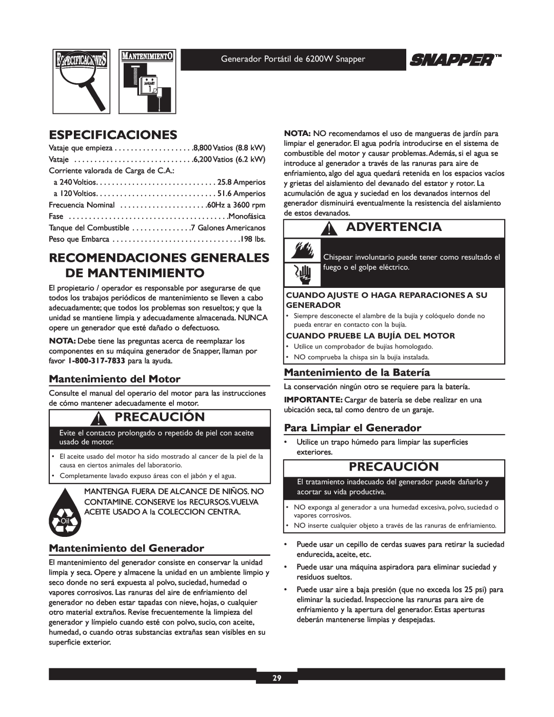 Snapper 30216 manual Especificaciones, Recomendaciones Generales De Mantenimiento, Mantenimiento del Motor, Advertencia 