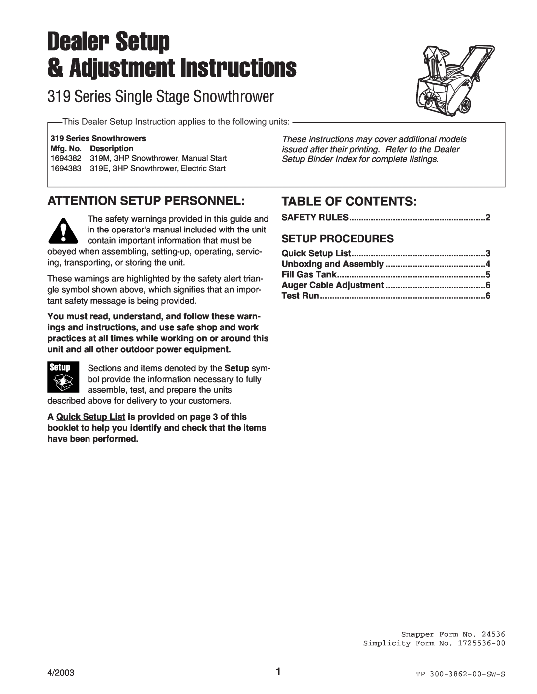Snapper 3190E manual Attention Setup Personnel, Table Of Contents, Setup Procedures, Dealer Setup Adjustment Instructions 