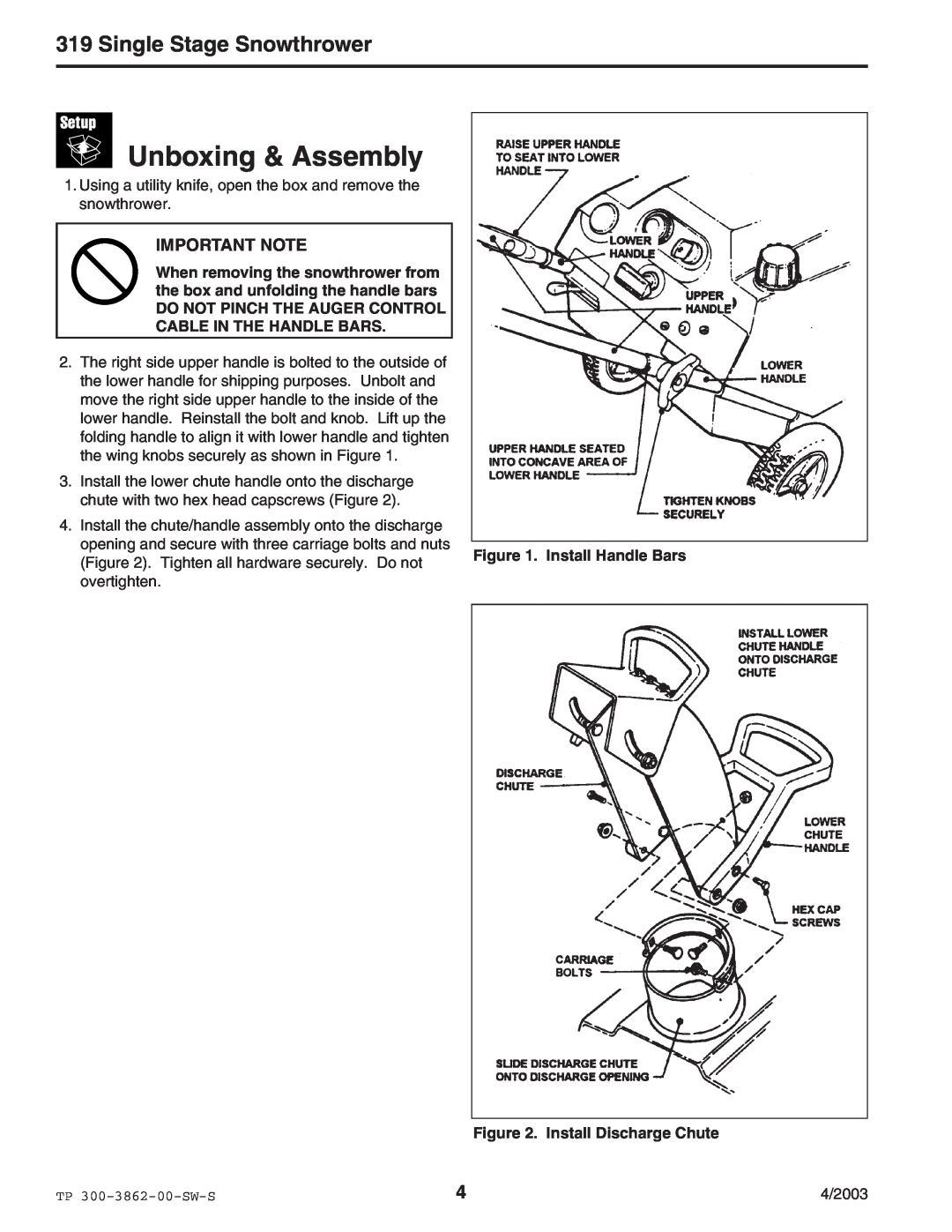 Snapper 3190E Unboxing & Assembly, Important Note, Single Stage Snowthrower, Install Handle Bars . Install Discharge Chute 