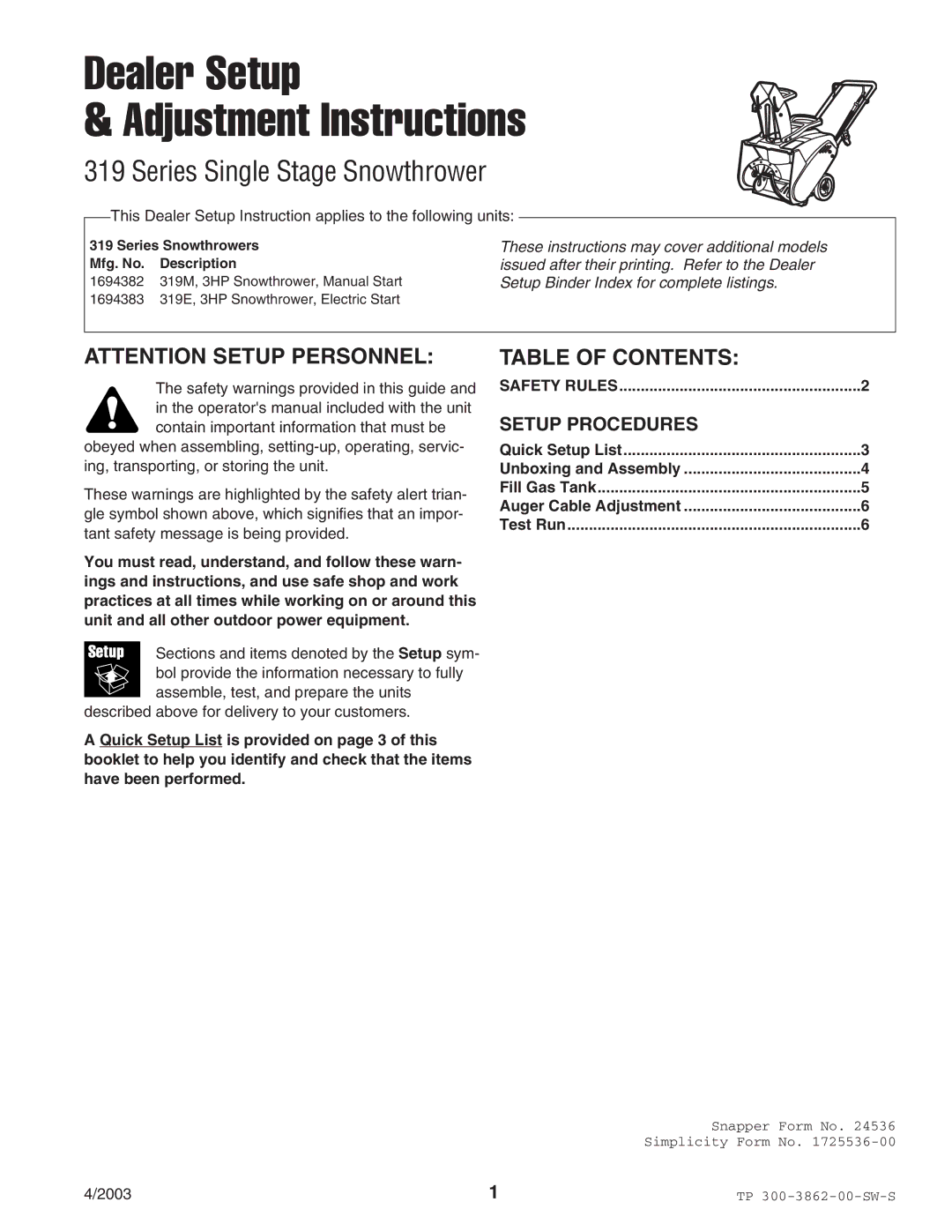 Snapper 3190E manual Dealer Setup Adjustment Instructions 