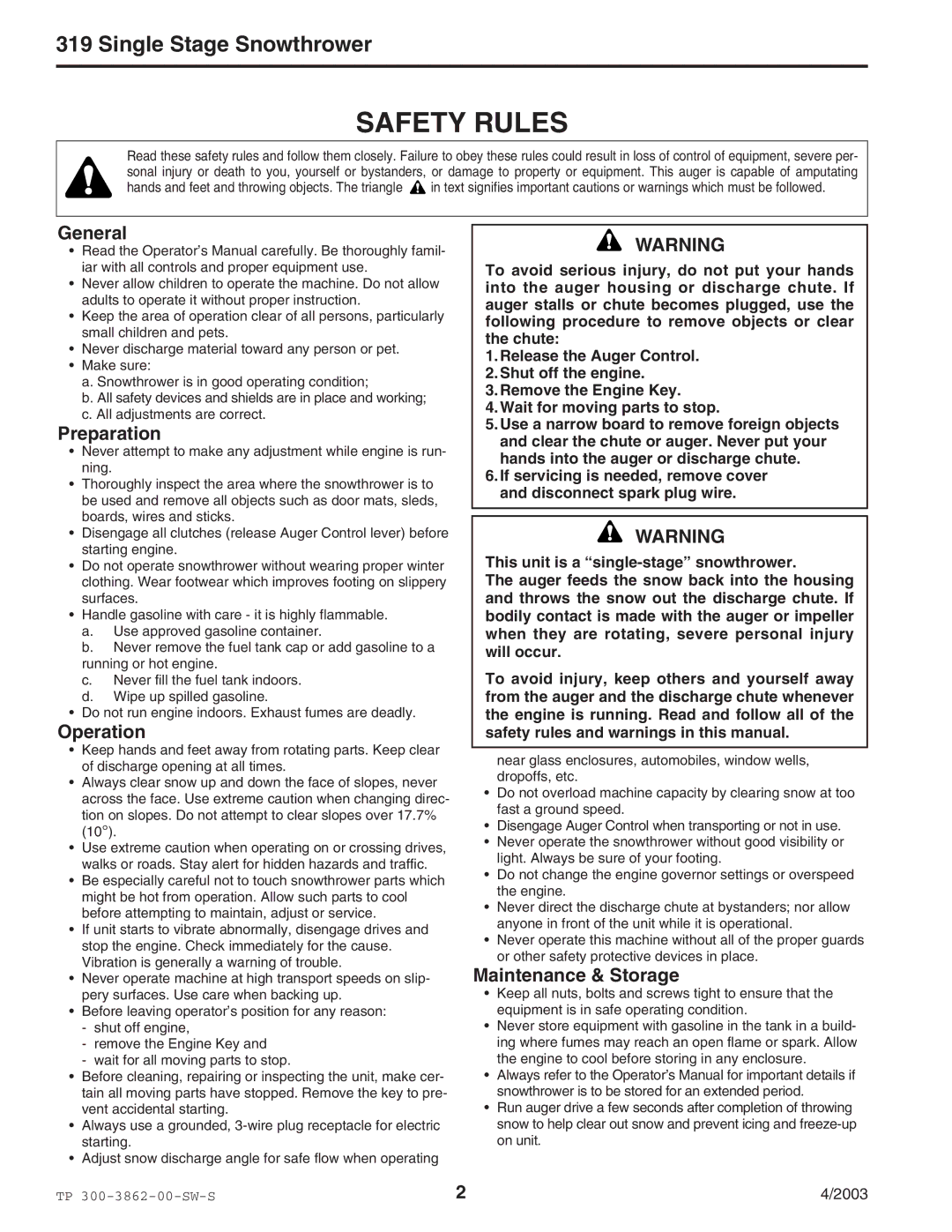 Snapper 3190E manual General, Preparation, Operation, Maintenance & Storage 