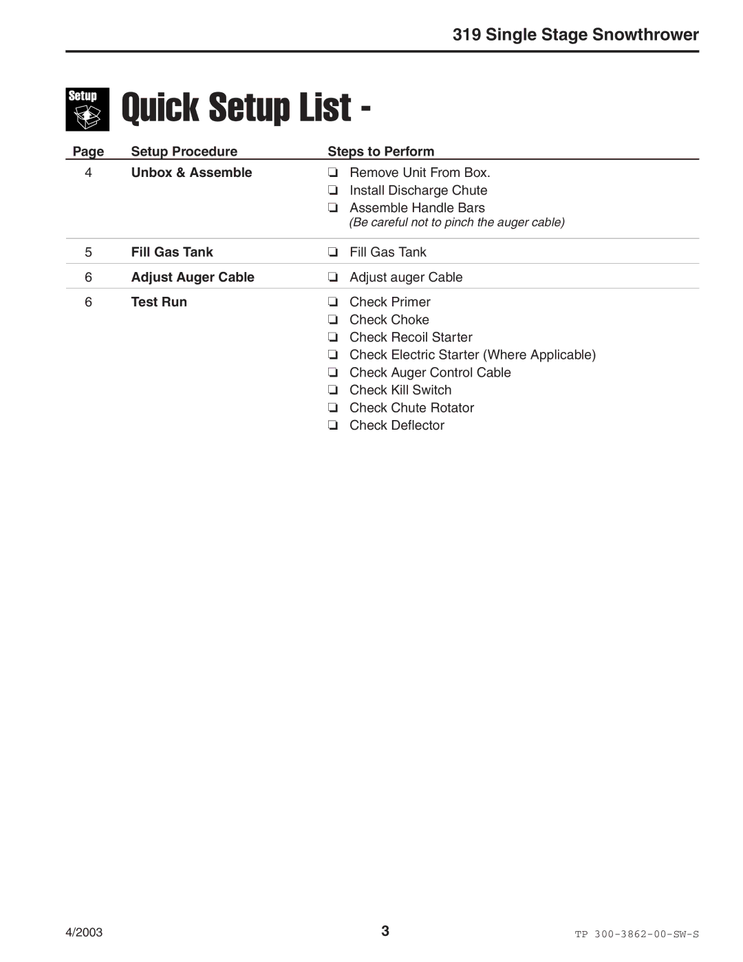 Snapper 3190E manual Quick Setup List 