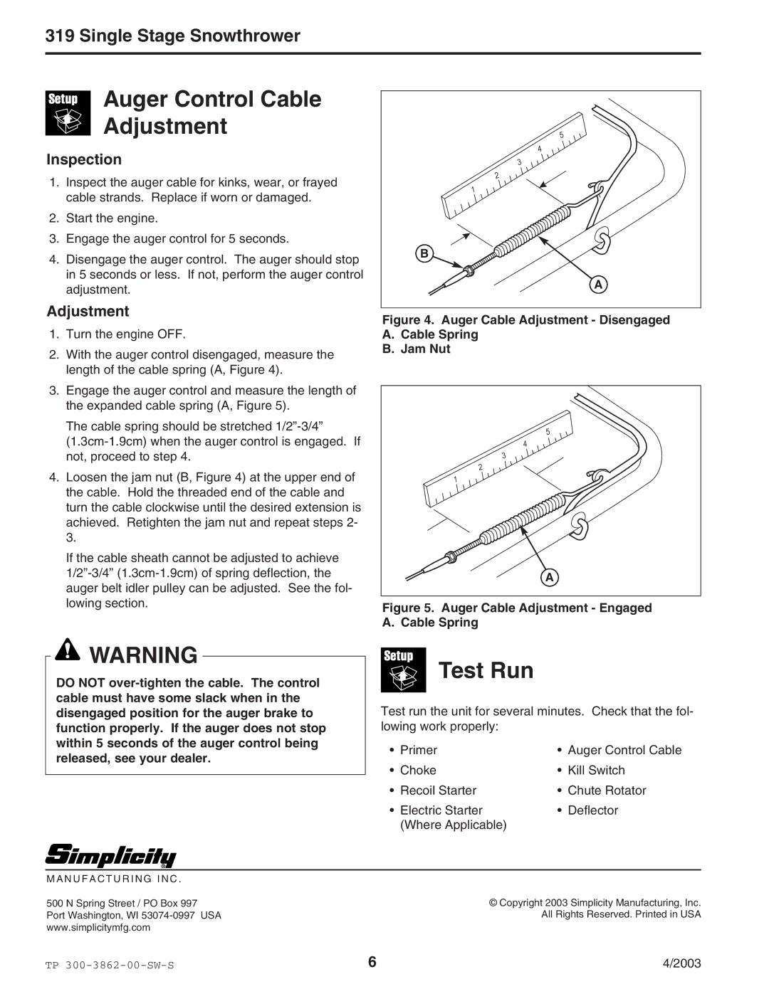 Snapper 3190E manual Auger Control Cable Adjustment, Test Run, Inspection 