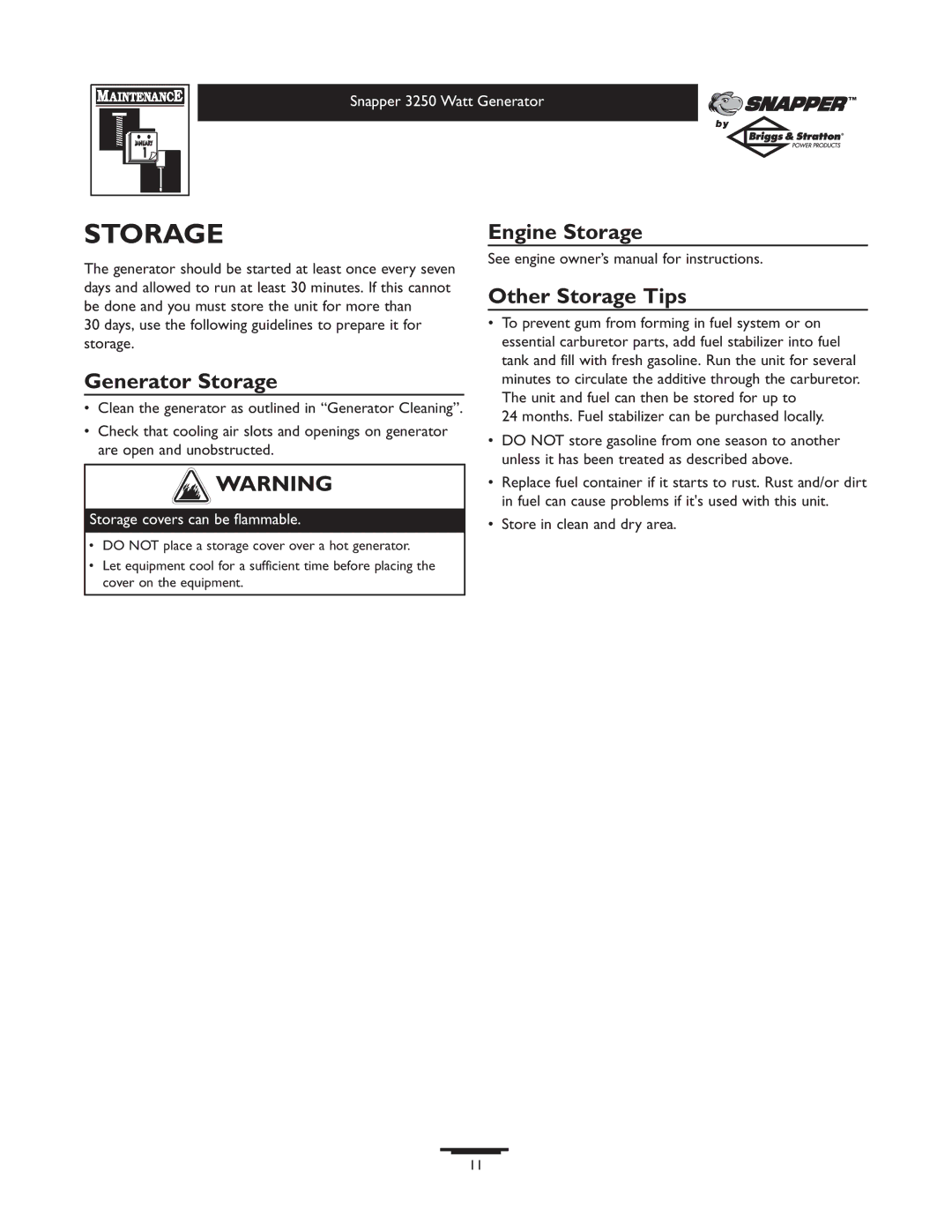 Snapper 3250 owner manual Generator Storage, Engine Storage Other Storage Tips 