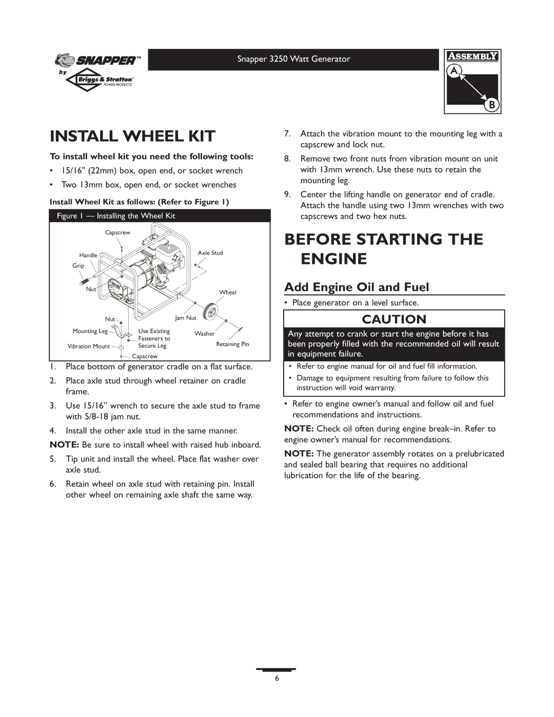 Snapper 3250 owner manual Install Wheel KIT, Before Starting the Engine, Add Engine Oil and Fuel 