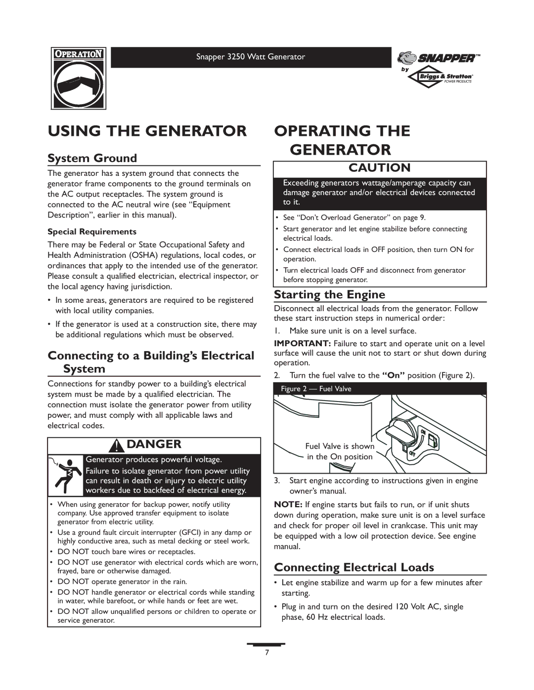 Snapper 3250 owner manual Using the Generator, Operating Generator 