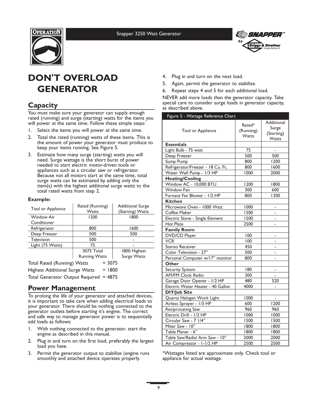 Snapper 3250 owner manual Dont Overload Generator, Capacity, Power Management, Example 