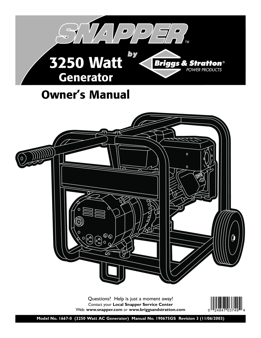 Snapper 3250 owner manual Questions? Help is just a moment away, Contact your Local Snapper Service Center, Watt 