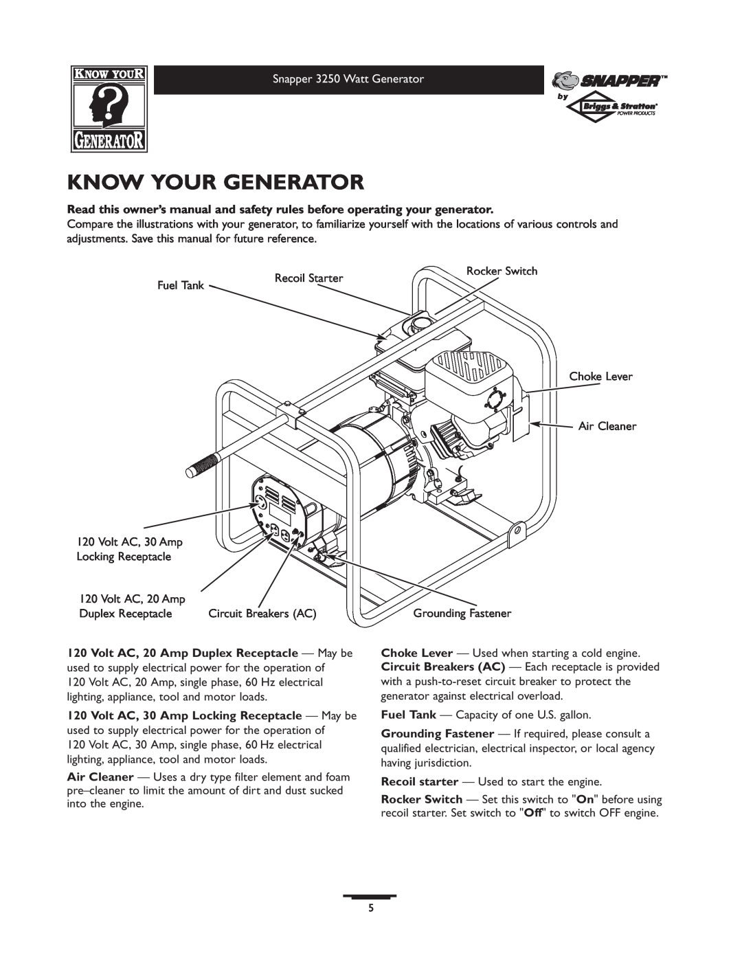 Snapper owner manual Know Your Generator, Snapper 3250 Watt Generator 