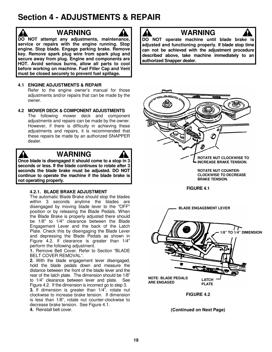 Snapper 281320BE, 301320BE, 3314520BVE, 331520KVE Engine Adjustments & Repair, Blade Brake Adjustment 